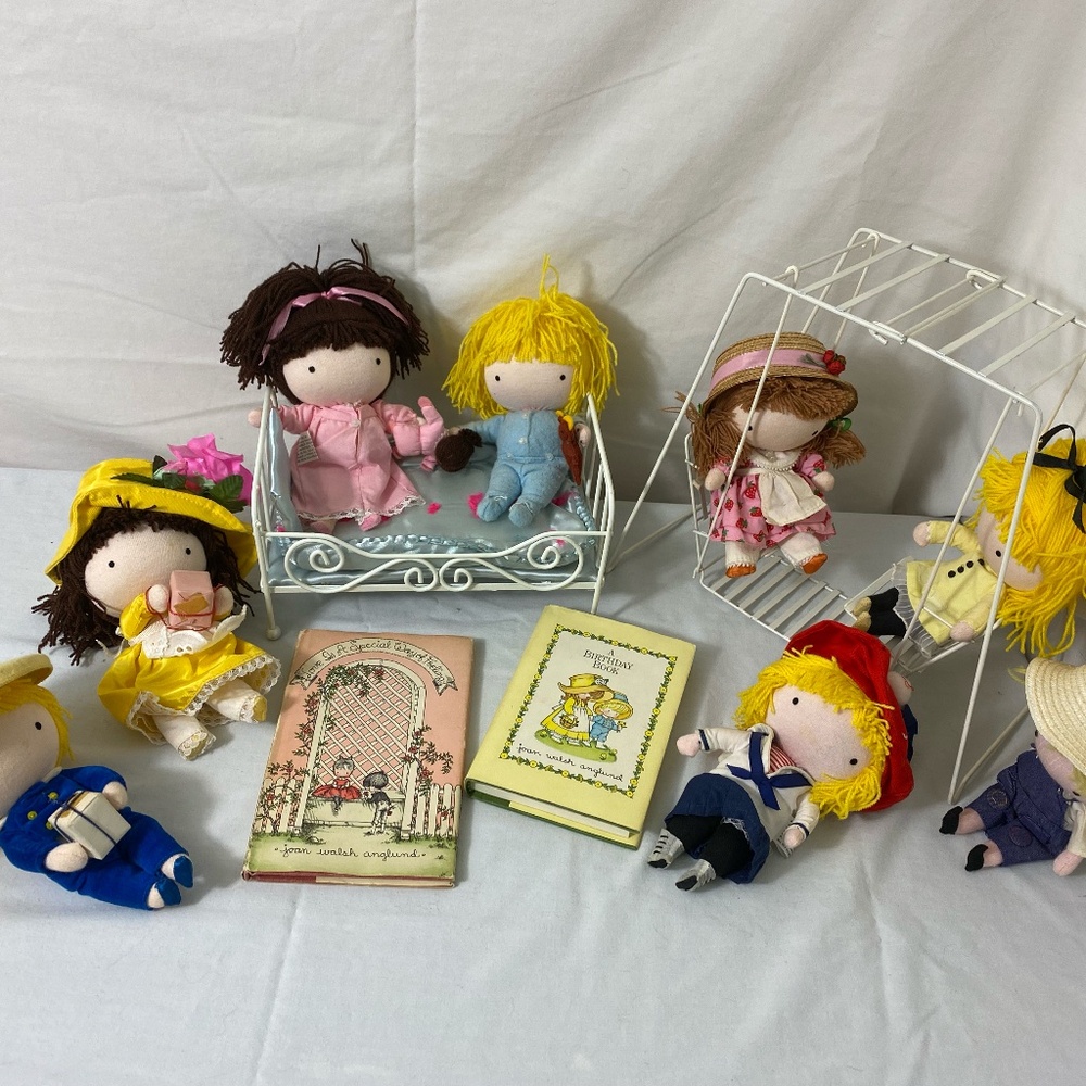 Joan Walsh Anglund Doll Collection Lot of 8 Dolls, 2 Books, Swing Set, Bed Set